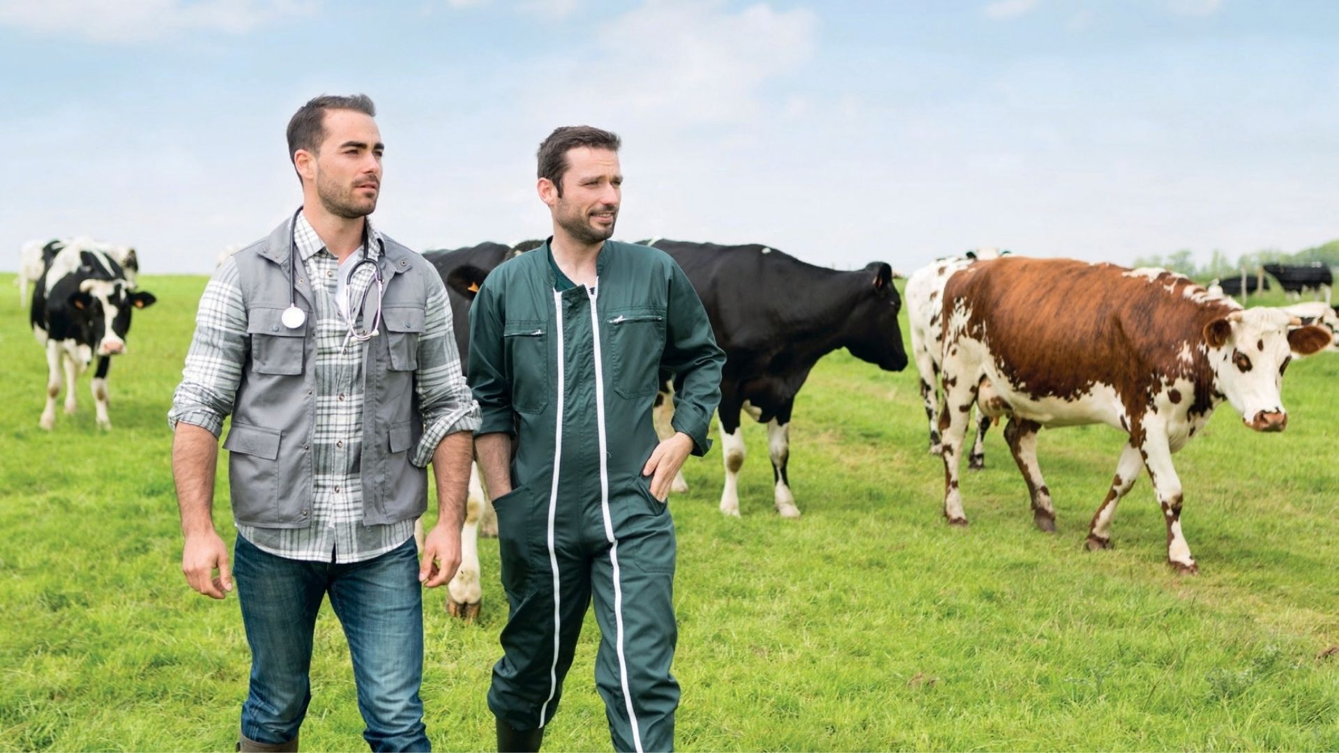 Deux agriculteurs dans un champ avec des vaches